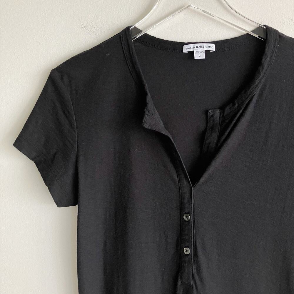 Standard James Perse Size 2 Dress Black Short Sleeve Shift Midi Buttons Spring - Picture 8 of 8